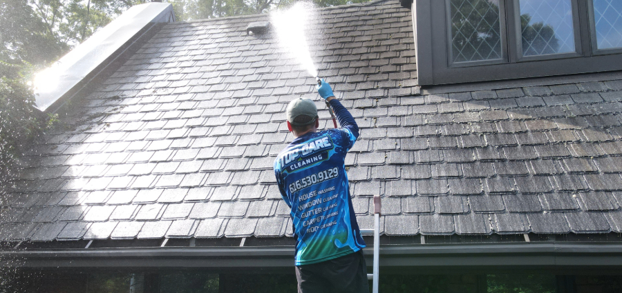 roof cleaning service tech on ladder