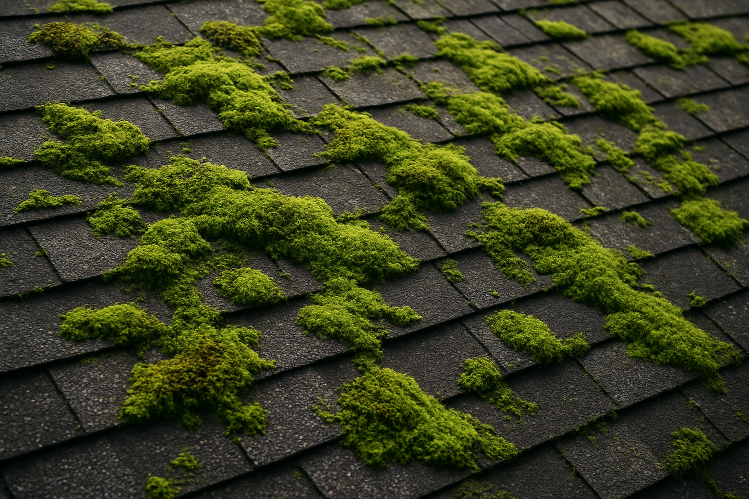 an asphalt shingle roof with moss on it | Top Care Cleaning